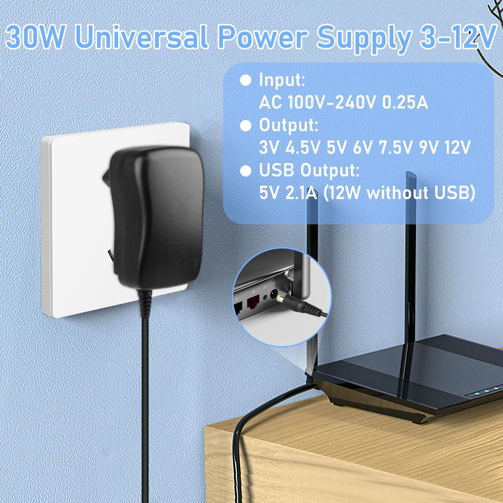 30W Adaptador Universal de 3V 4.5V 5V 6V 7.5V 9V 12V 2A AC/DC, Cargador Universal 30W 12V, 8 Puntas para Adaptador Corriente 30W Universal, Fuente-Adaptadora con Voltaje Múltiple para Router LCD — view 3