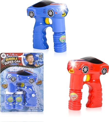 Lanzador de burbujas para automóvil deportivo con luces LED, sonido, 2 botellas recargables de solución de burbujas Pistolas eléctricas de burbujas