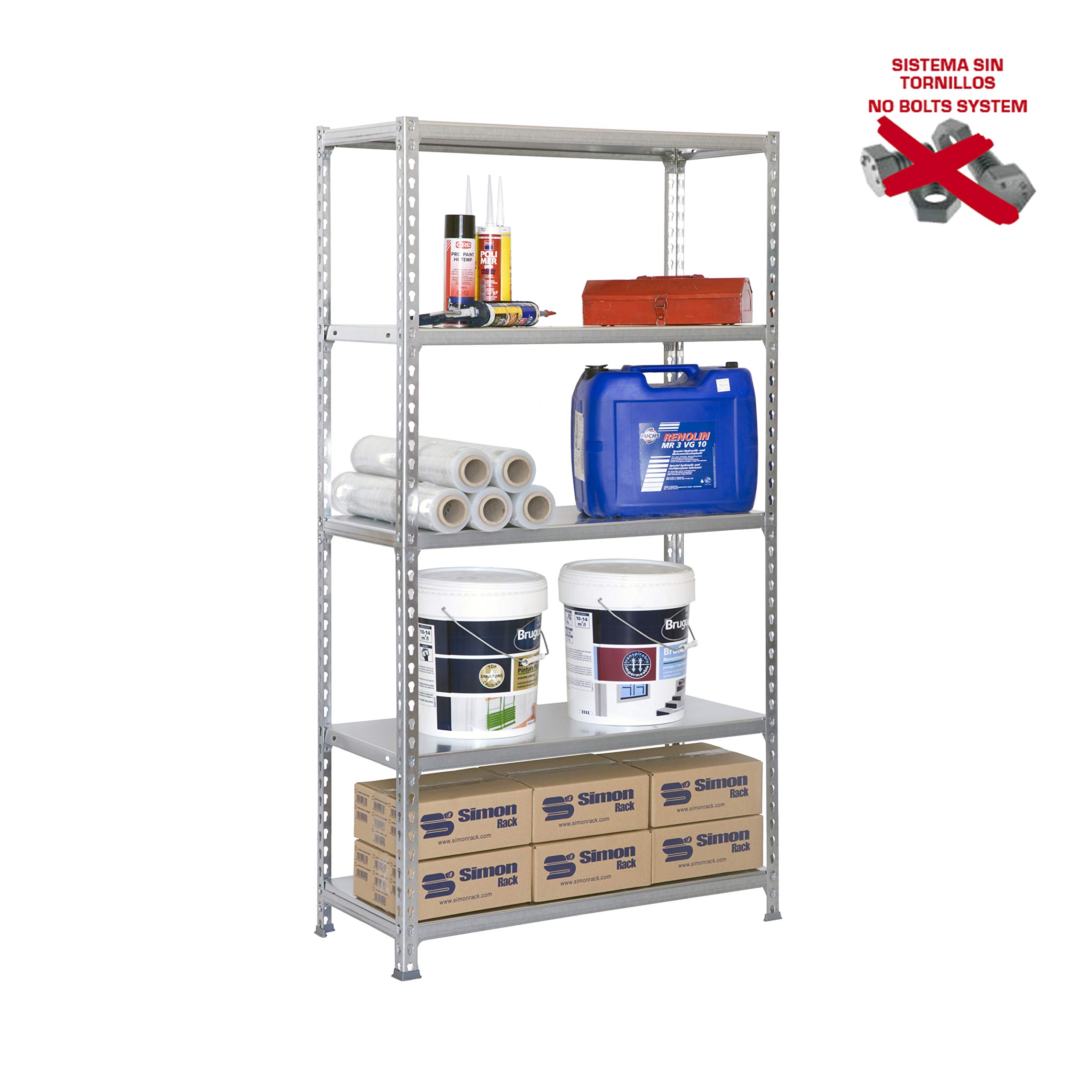 SimonRack Estanteria Metalica, 5 Baldas Ajustables, 180 kg de Punto Flexión, 1800x900x500 mm, Estantería Almacenaje, Sin tornillos, Galvanizado - Simonclick