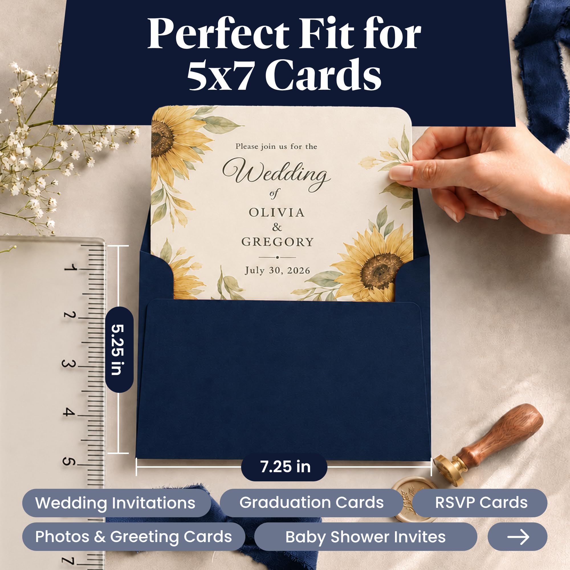 110 sobres de invitación de 5 x 7 cm, color azul marino, para tarjetas de 5 x 7 cm, A7, perfecto para bodas, graduación, baby shower, 120 g/m², pelar, prensa y autosellado, solapa cuadrada
