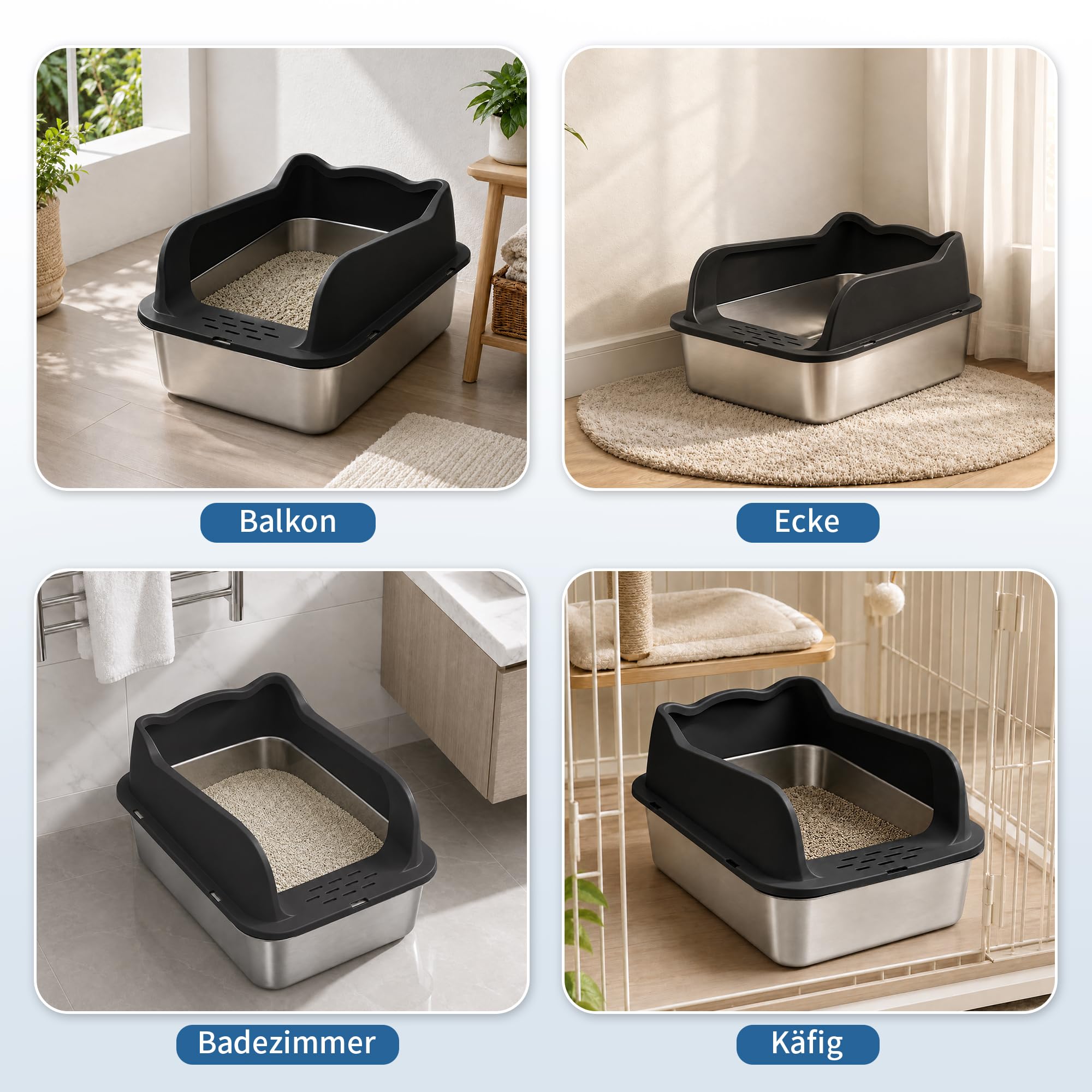Katzenklo Edelstahl mit Abnehmbares Hoher Rand, Katzentoilette Edelstahl Offen Groß XXL Mit Hochwandigem Seitengehäuse, Metall Katzenklo, Nicht-Klebrig, Auslaufsicher & Einfach zu Re - 50 * 35 * 15cm