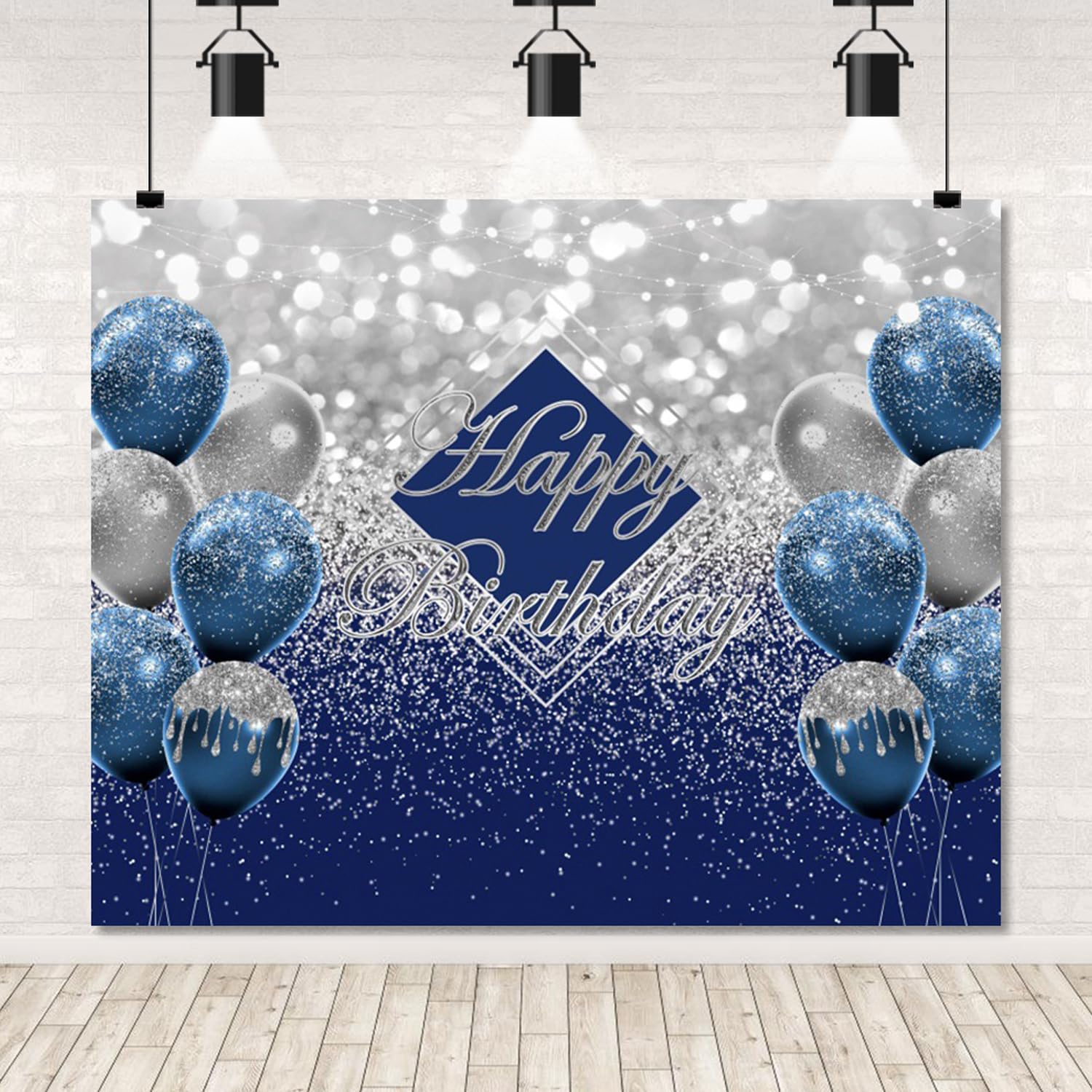 Blue Happy Birthday Backdrop 10x8ft Sliver Blue Happy Birthday Banner Glitter Dots Balloon Photography Background for Men Birthday Party Decoration
