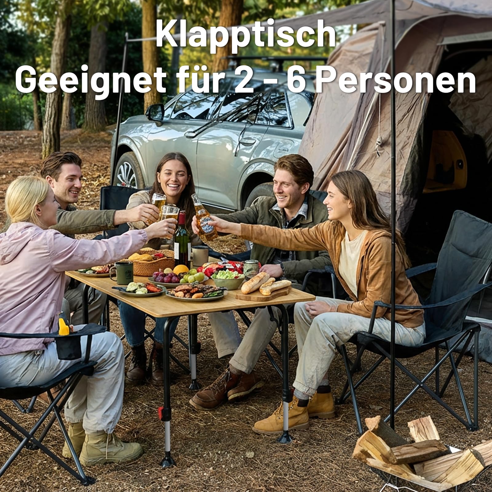 TIMBER RIDGE Campingtisch Klappbar Bambus Klapptisch Höhenverstellbar 53-70cm Aluminiumrahmen Gartentisch mit Tragetasche 100x70 cm für Garten Picknick Balkon Wohnmobil
