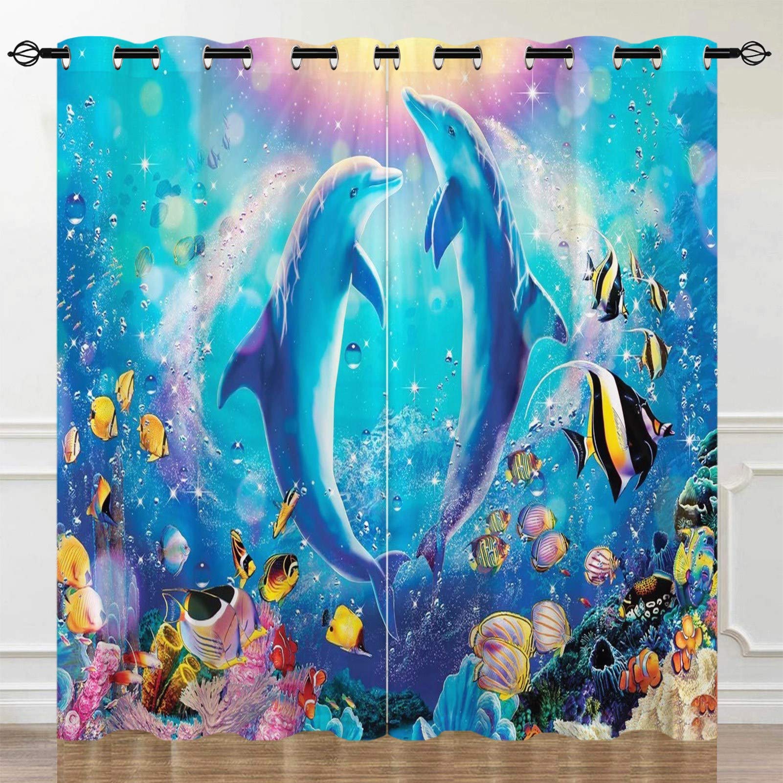 Yuanzu Multi 7 Ocean Curtains, Tropical Fish Coral Dolphin Underwater Sea World Art Pattern Microfiber Blackout Fabric Eyelet Window Drapes For Kids Bedroom Playroom W117cm (46") X D183cm (72") 2 Panels