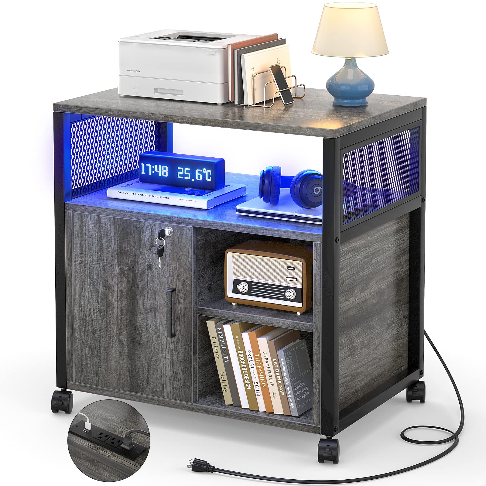 Photo 1 of Unikito File Cabinet with LED Lights, Lateral Filing Cabinet with Power Outlets and USB Charging Ports, Rolling Printer Stand with Storage, Office Cabinet for Letter, Legal and File Folders, Black Oak File Cabinet with LED Black Oak