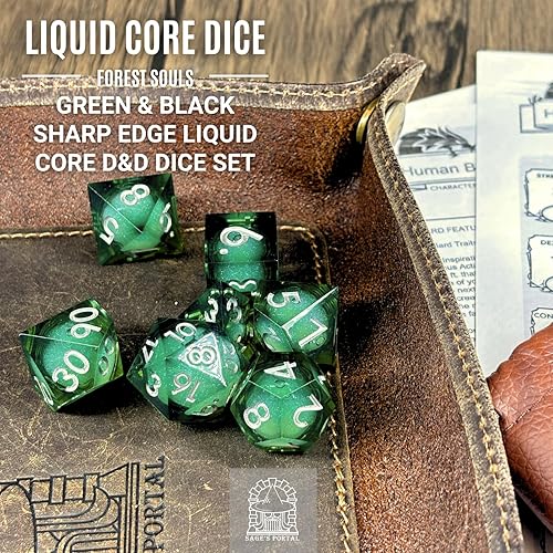 Miniatura 5 de Sage's Portal Souls Liquid Core - Juego de 7 dados poliédricos DND de resina de borde afilado para Dungeons and Dragons, RPG de mesa TTRPG (Forest