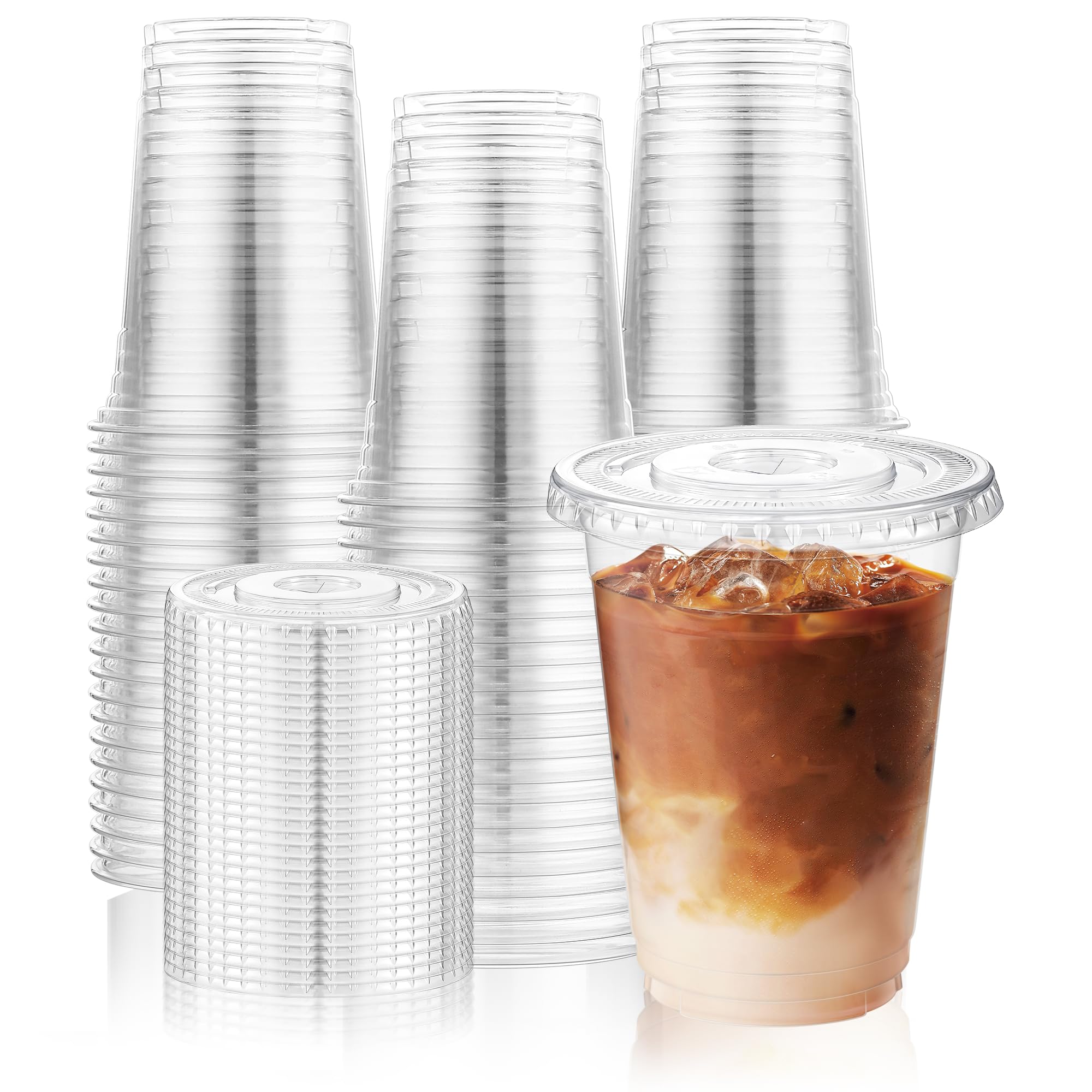 KesaPlan 50Pack 450ml(16oz) Clear Plastic Cups with Lids, Iced Coffee Cup Reusable Plastic to Go Drinking Cups for Ice Coffee, Smoothie, Juice, Lemonade, Cold Beverages