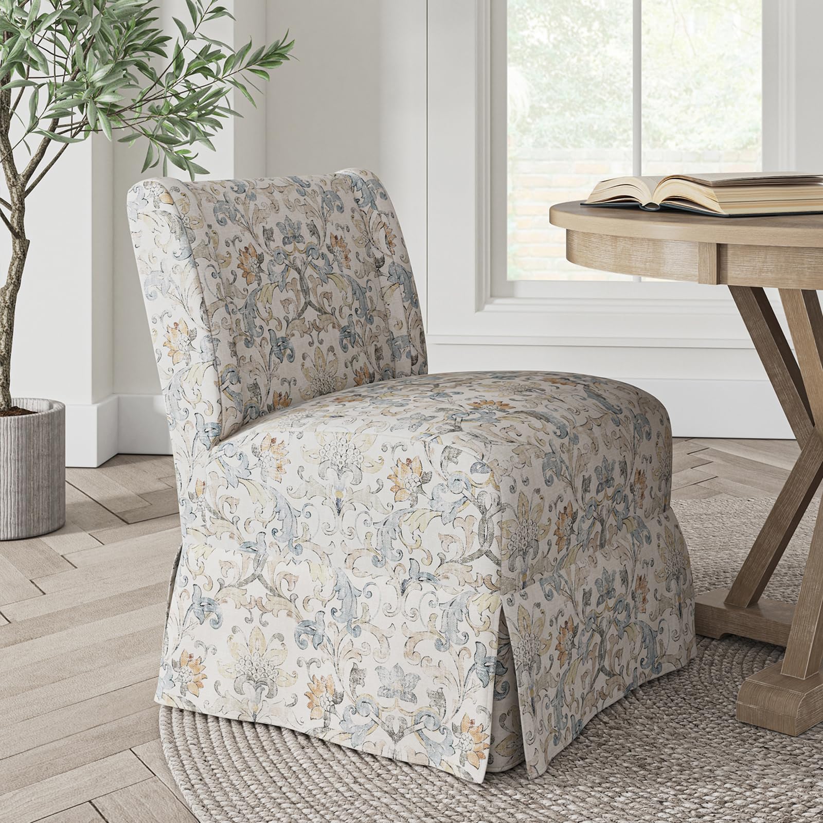 HULALA HOME Armless Accent Chair with Washable Floral Slipcover, Transitional Slipper Chair with Removable Chair Covers for Living Room Dining Room,Damask