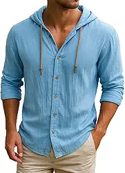 Moletom masculino de linho, manga comprida, casual, praia, com capuz, Azul, 3G
