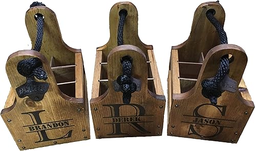 Miniatura 7 de Personalized Wood Beer Caddy with Bottle Opener and Magnetic Bottle Cap Catcher. Handmade Rustic Wooden Six Pack Tote/Carrier - Boxed Split Monogram