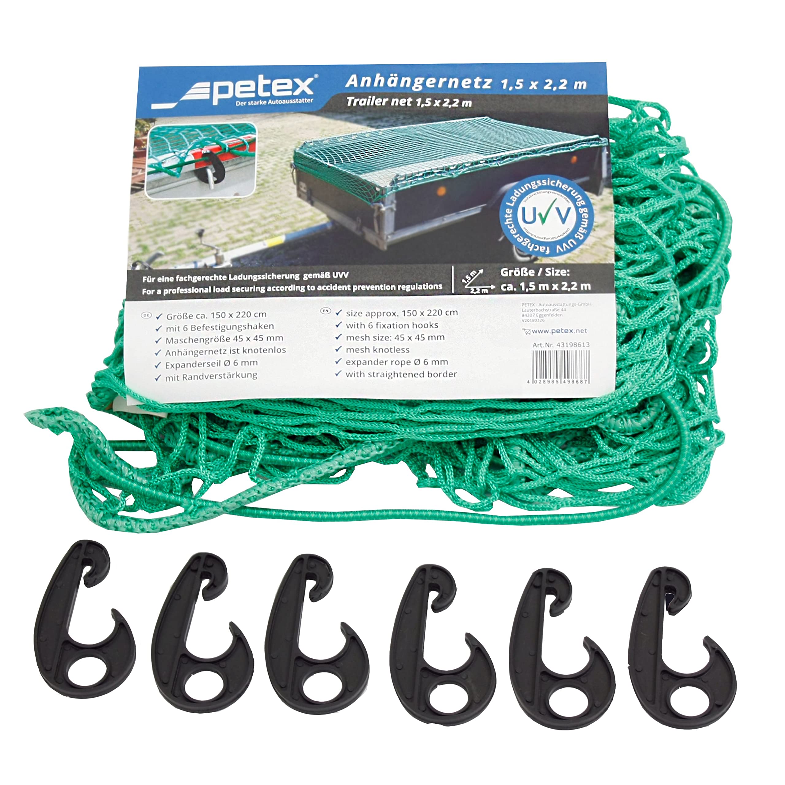 PETEX Filet de remorque 10 pièces Vert 1,5 x 2,2 m