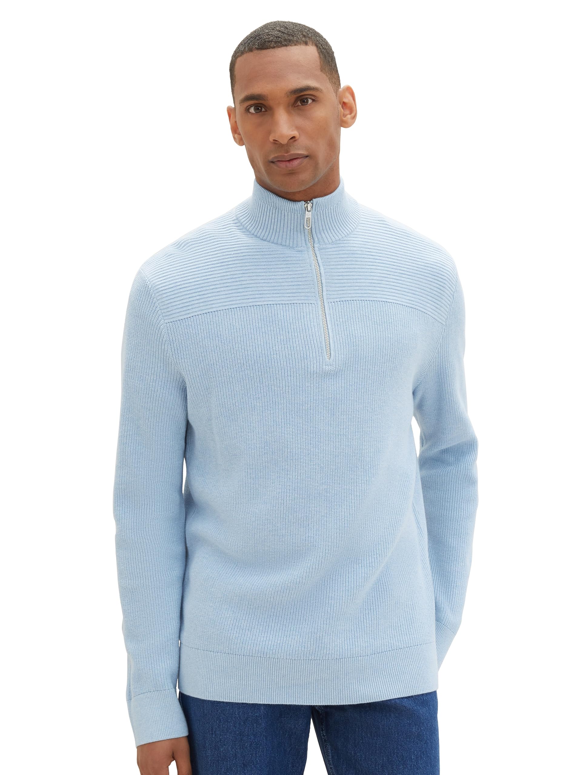 TOM TAILOR Mens Textured Knit Sweater with Troyer Collar