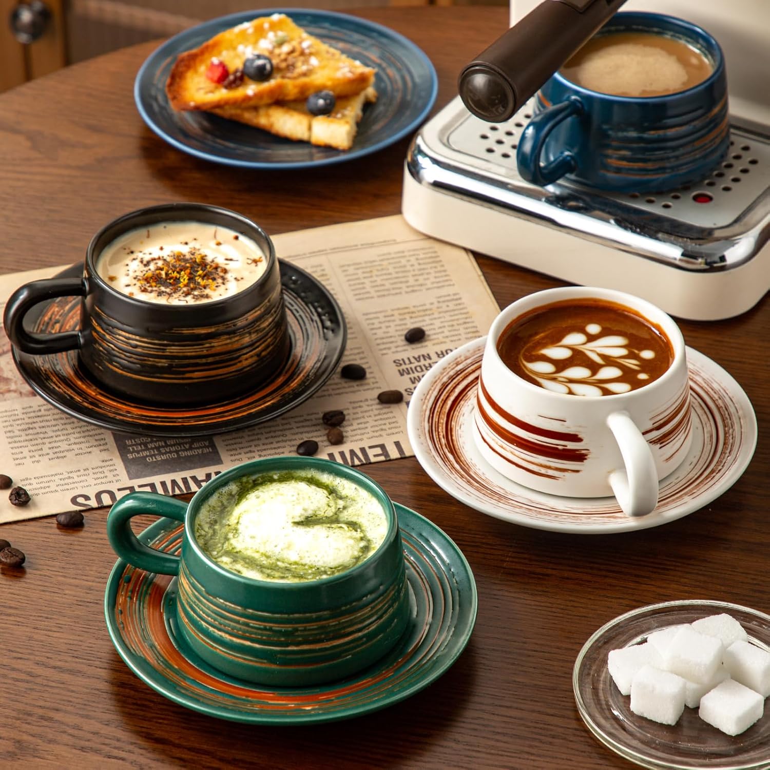 YUN TAO 8 Oz Ceramic Cappuccino Cups with Saucers Set of 4, Traditional Italian Style Coffee Cups with Large Handle for Espresso, Latte, Tea - Home & Cafe Use