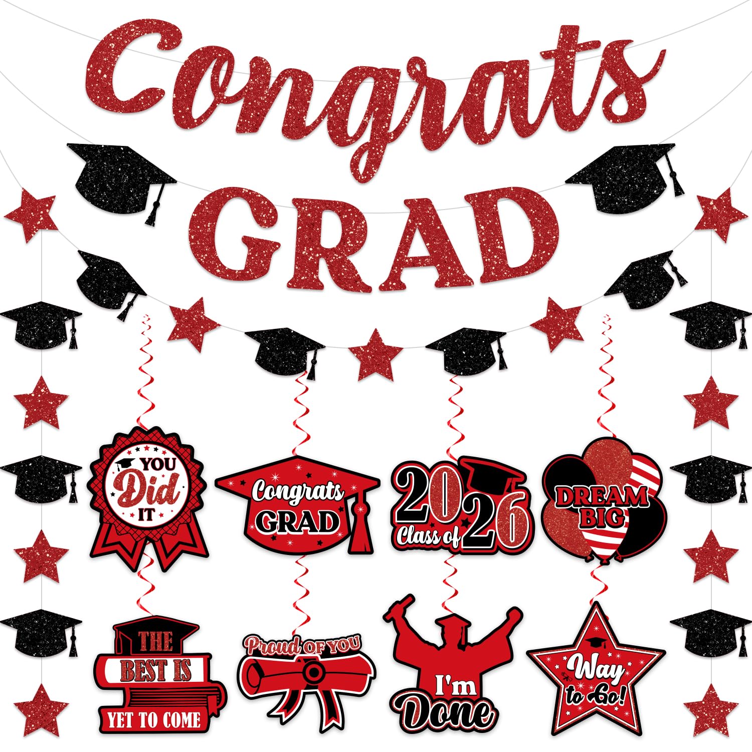 Black and Red Graduation Party Decorations 2026 Congrats Grad Banner, NO-DIY Graduation Decorations Class of 2026 Congratulations Graduate Banner
