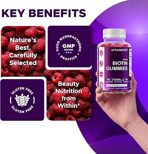 Miniatura 5 de Vitamatic Gomitas de biotina de 10,000 mcg para un cabello, piel y uñas más fuertes, 60 gomitas veganas, también llamadas vitamina B7 (2 botellas)