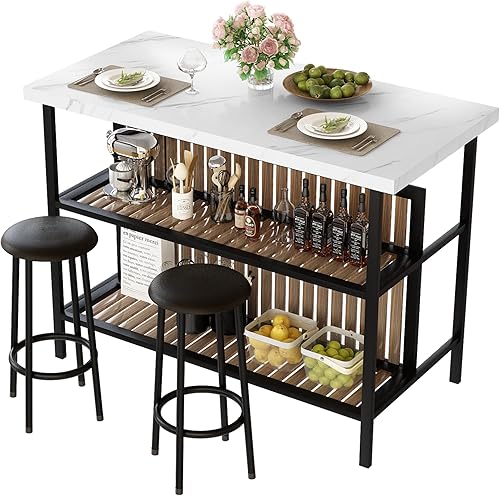 Miniatura 11 de AWQM Isla de cocina con asiento y estante de almacenamiento, mesa de bar moderna y sillas para 2, mesa de isla de madera para cocina, juego de mesa
