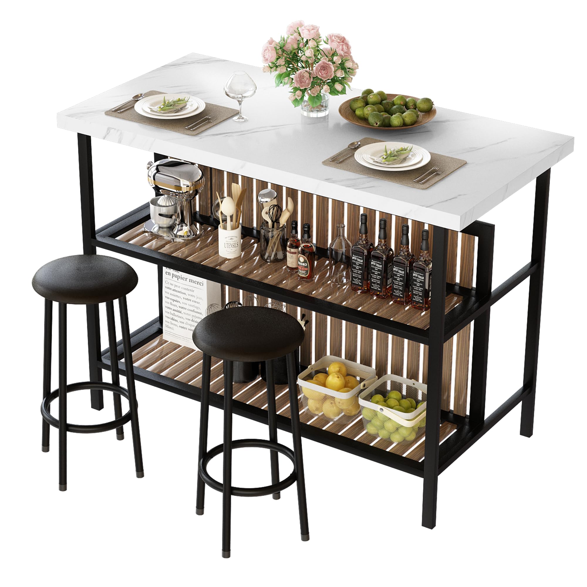 AWQM Kitchen Island with Seating & Storage Shelf, Modern Bar Table and Chairs Set for 2, Wooden Island Table for Kitchen, Dining Table Set for Small