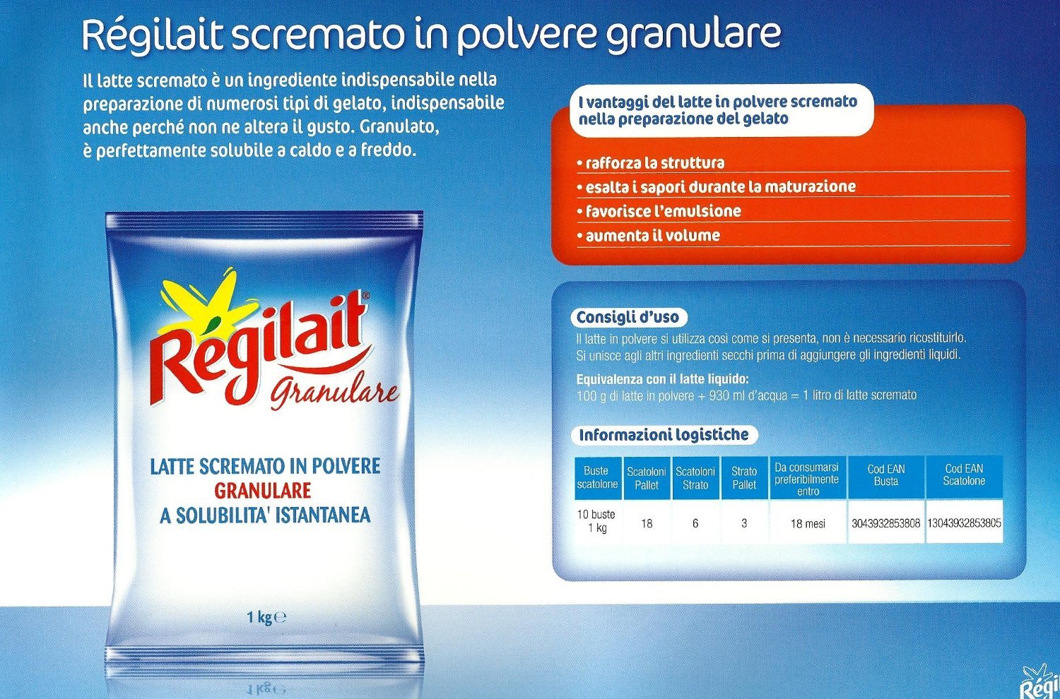 REGILAIT Leche en Polvo Desnatada Granulado Instantánea KG 3 para Máquinas Expendedoras