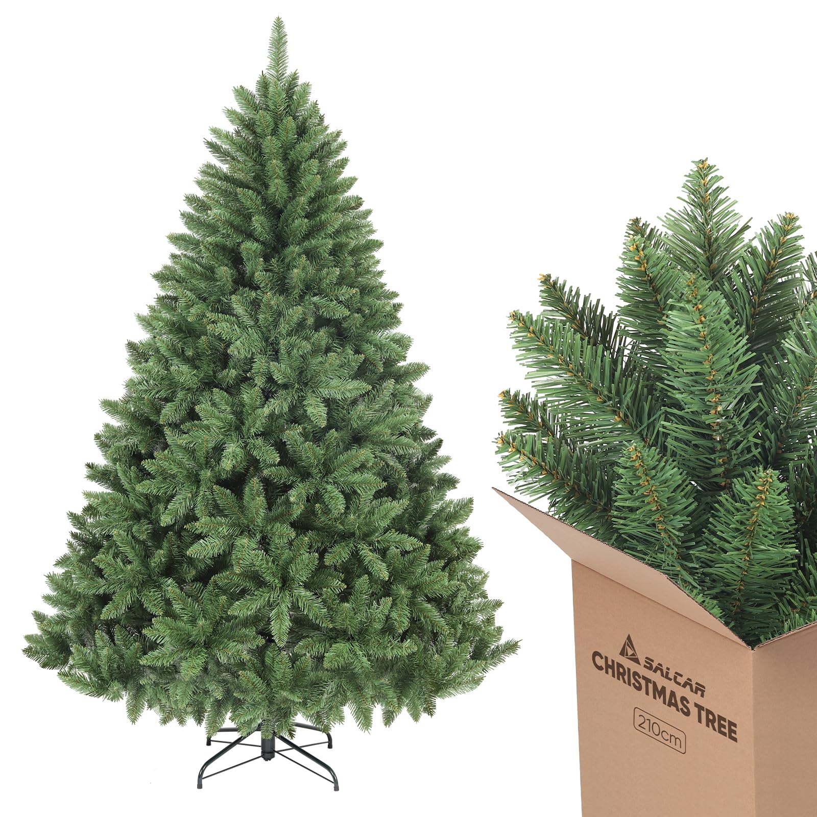 SALCAR Árbol de Navidad Artificial de 210 cm, de Aspecto Natural, con 1066 Ramas, Abeto de Normandía Verde con Sistema Plegable y un diámetro Extragrande del árbol de 148 cm