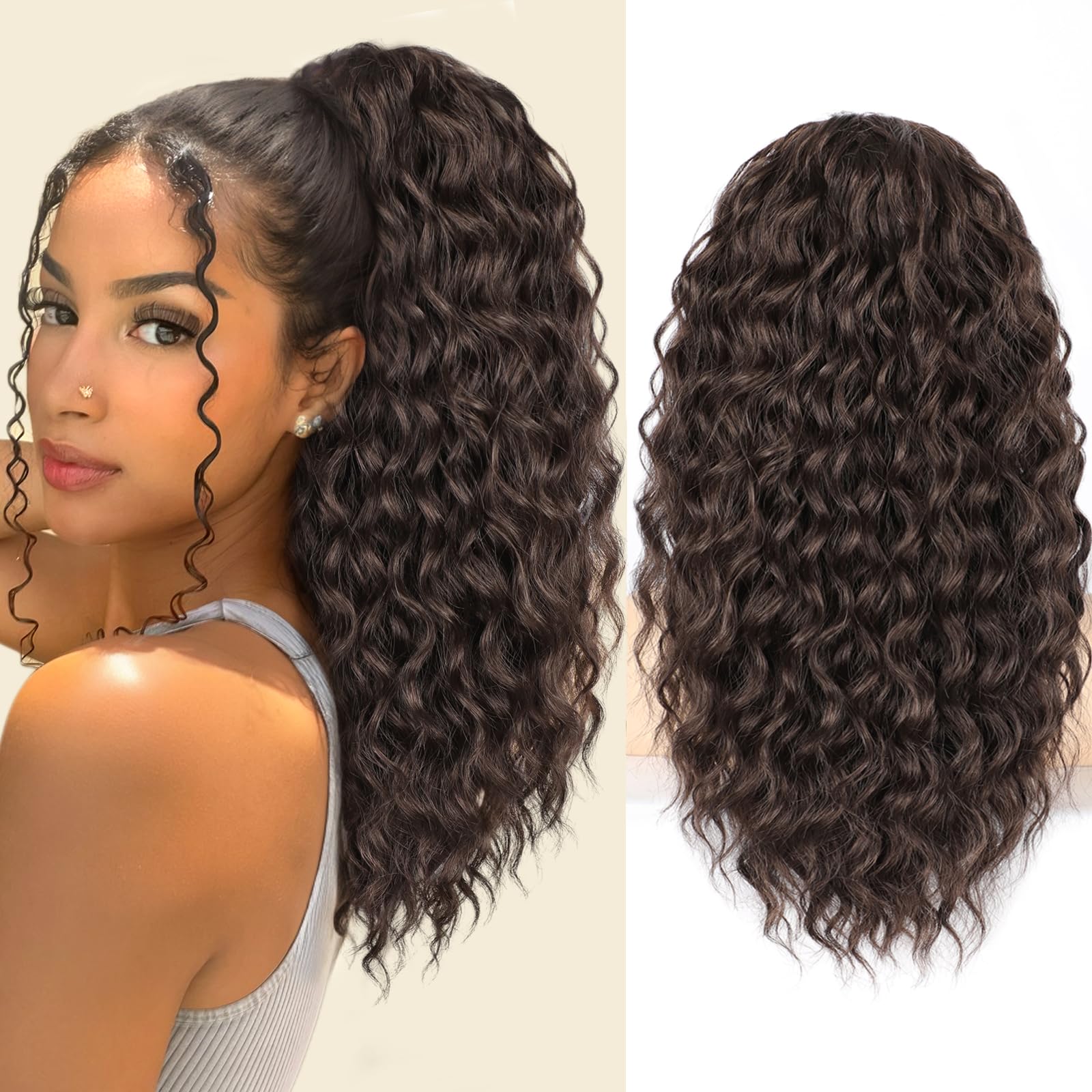 SHNMIN Ponytail Extension, Curly Drawstring Ponytail Extension for Women 18 Inch Curly Wavy Ponytail Yaki Textured Natural Fluffy Synthetic Hairpiece