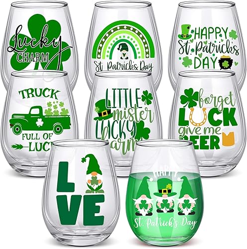 Nitial 8 copas de vino sin tallo del Día de San Patricio de 12 onzas, vaso de vino de café helado, cerveza para decoración de mesa del día de San