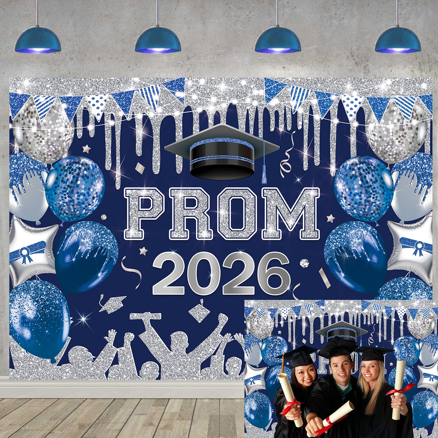Blue Sliver 2026 Prom Night Party Backdrop Royal Blue Glitter 2026 Graduation Background Class of 2026 Congrats Grad Banner for 2026 Congratulate