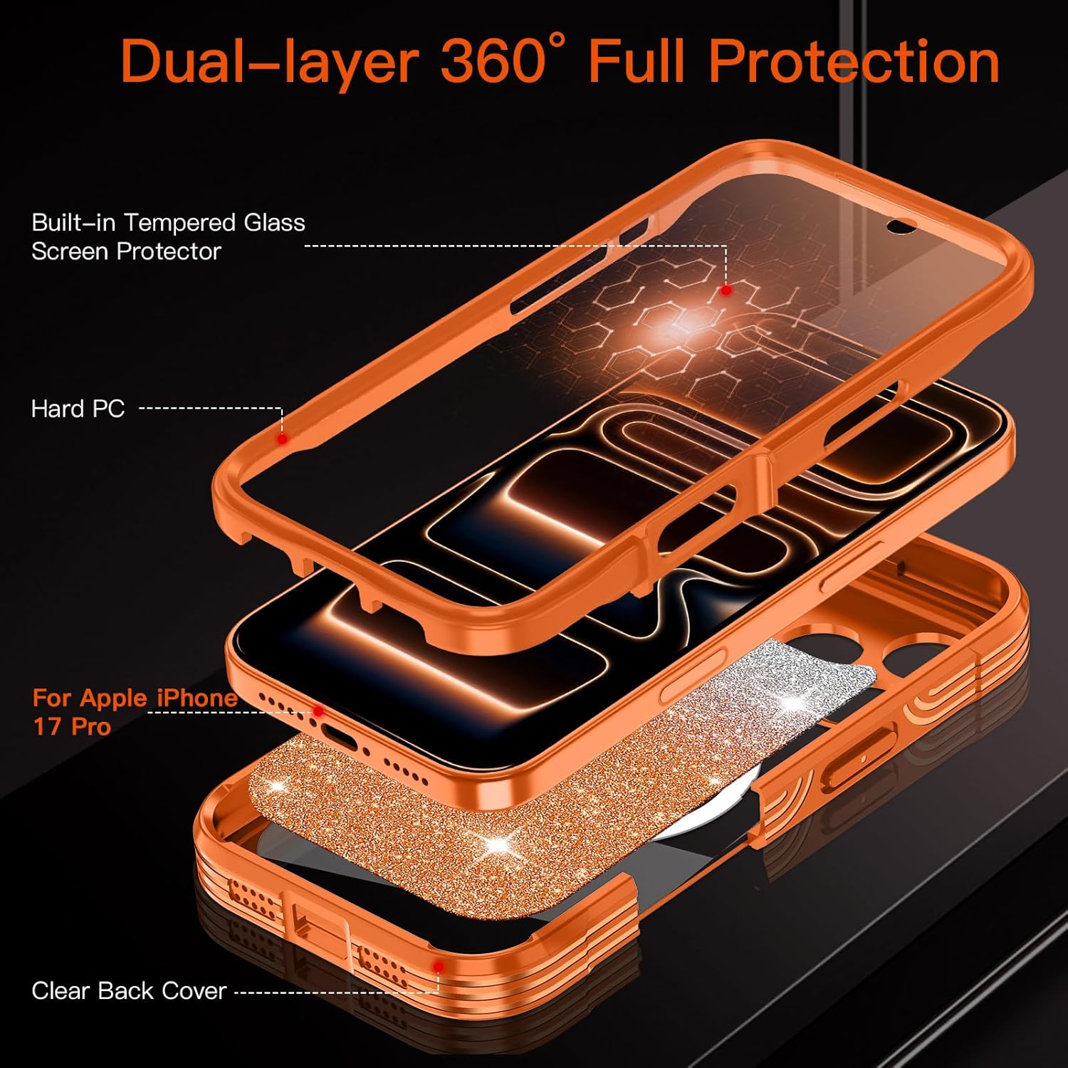 for iPhone 17 Pro Case,[Magnetic Stand][Fit for MagSafe][Glitter Card][Built-in 9H+ Screen Protector] Military-Grade Drop Proof Shiny Cover for Apple iPhone 17 Pro,Cosmic Orange