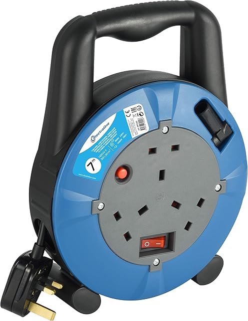 Electraline 849240 13A Cassette Cable Reel with 7M Extension Lead, 13A 3 Way Socket, with ON/Off Power Switch, Thermal Cut Out and Handle