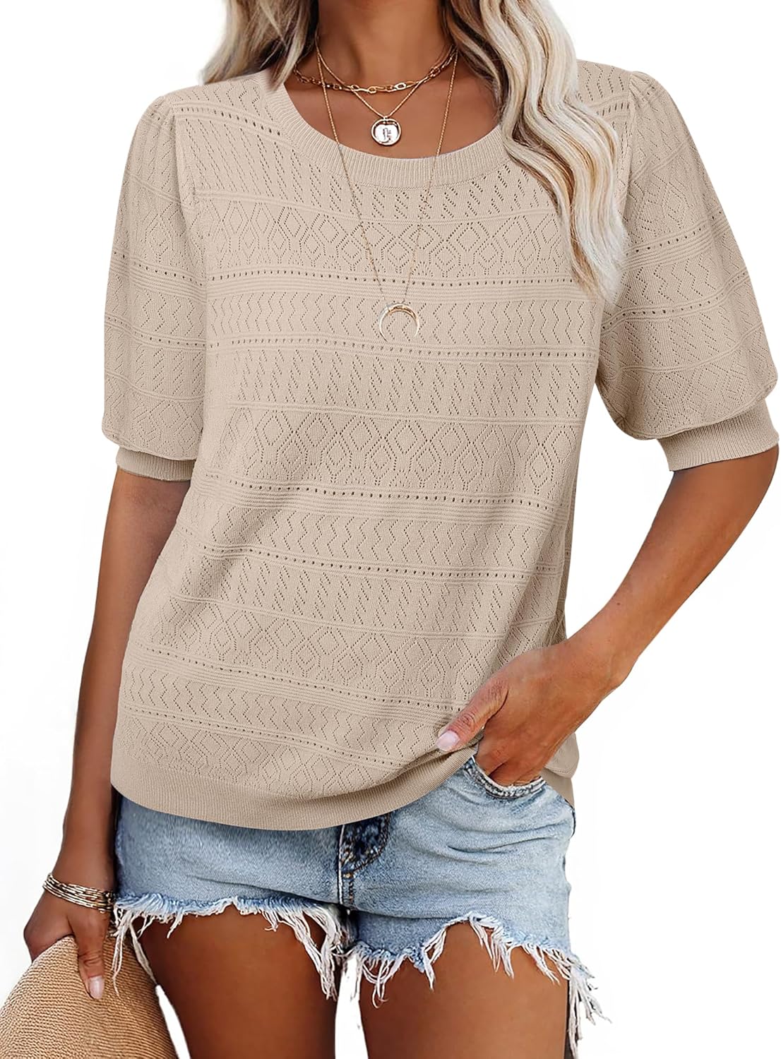 Messic Womens Short Sleeve Sweaters 2025 Summer Casual Crewneck Pullover Tops - Image 3