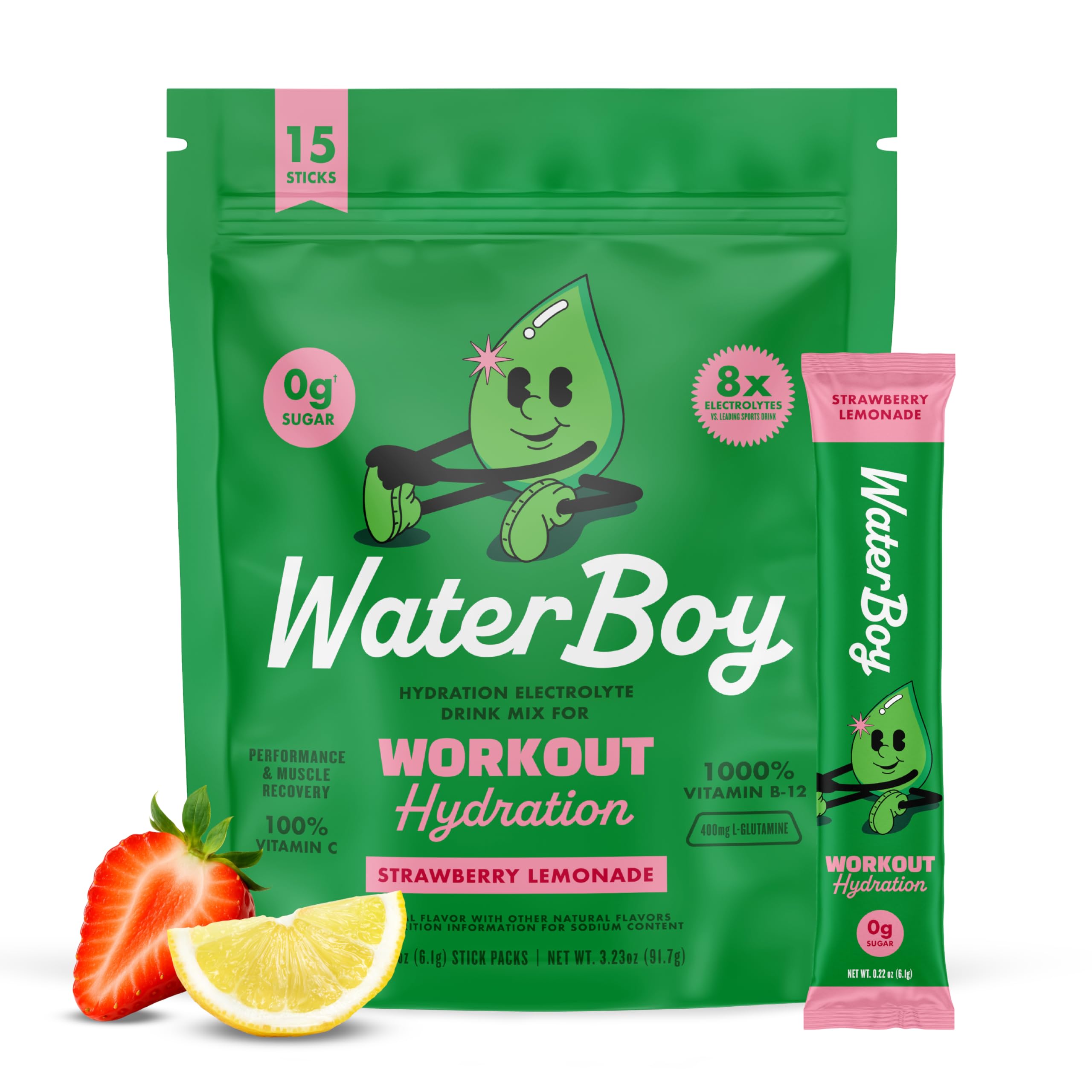 Waterboy Workout Hydration | 2,960mg Sugar Free Electrolyte Powder Packets | L-Glutamine + Vitamins | No Sugar, All Natural, Gluten Free | 15 Drink Stick Mixes (Strawberry Lemonade)