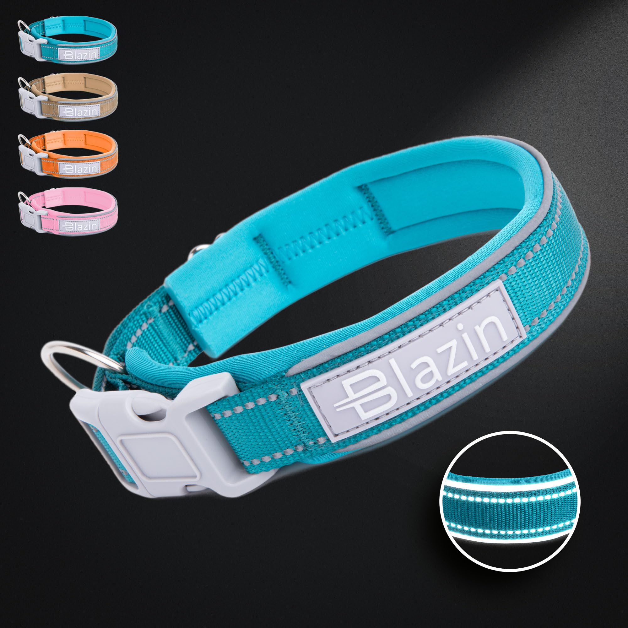 BLAZIN Reflective Dog Collar O-Ring Closure Design for Sensitive Dogs - Soft Neoprene Padding O So Comfy' Dog Collars - Waterproof (Small, Blue)