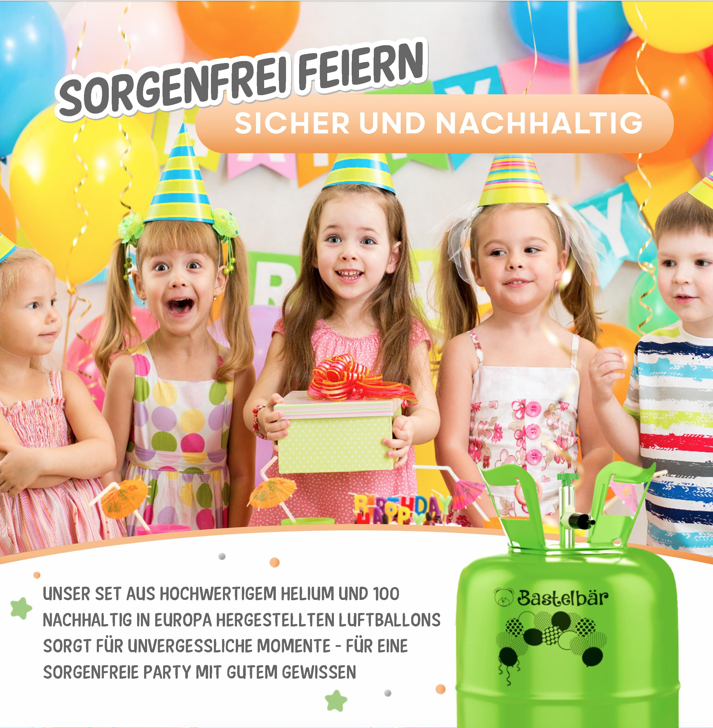 Bombona de gas de helio + 100 globos ecológicos • Gas para globos de 420 l garantizado para aprox. 50 globos • Fácil manejo • Made in EU • Globo de helio Premium • Helio para globos