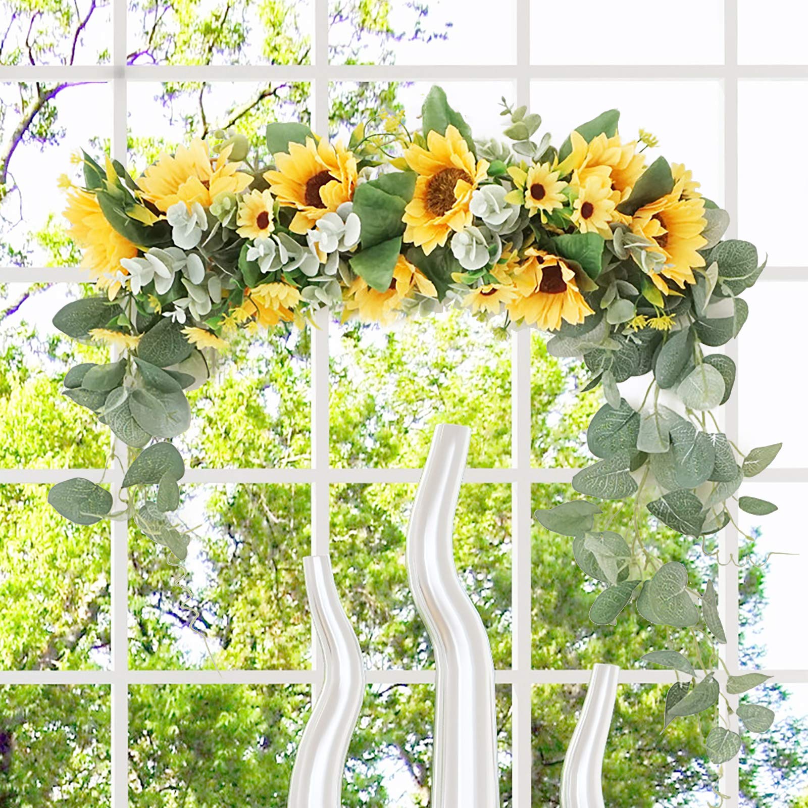 JUOPZKENN Fiore di girasole artificiale, arco, da appendere alla parete, con girasoli in tessuto di seta, composizioni floreali per matrimoni, casa, feste, porte e decorazioni da parete (#1