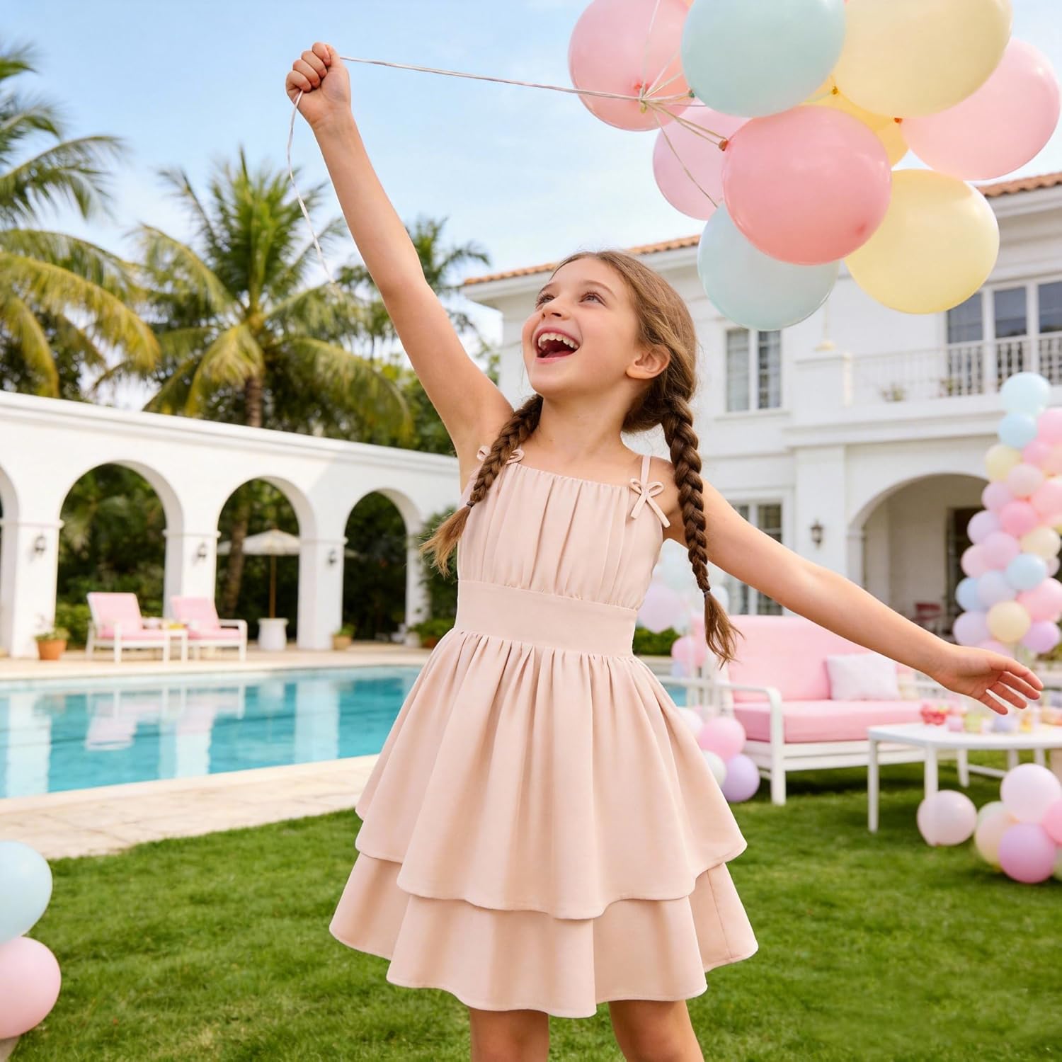 GRACE KARIN Girls Summer Cami Dress Casual Party Beach Spaghetti Strap Flowy Tiered Ruched Sundress 7-14Years - Image 2