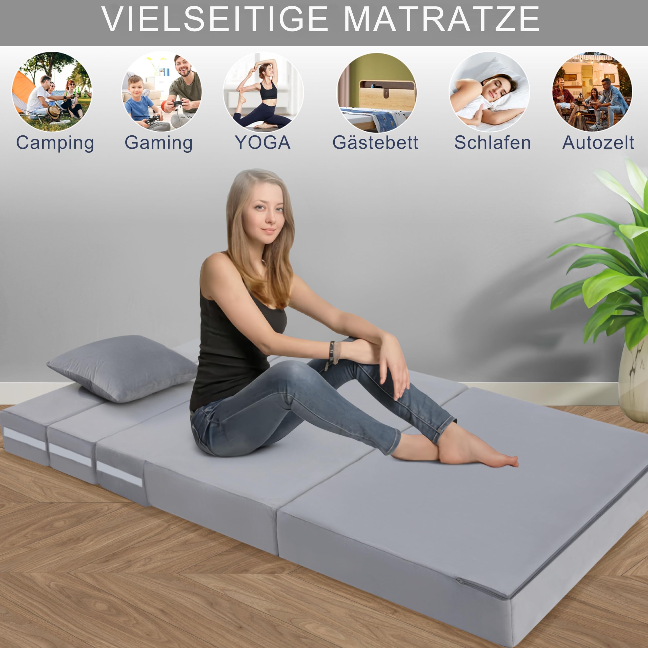 MeMoreCool Faltbare Klappmatratze, Hochdichter Schaumstoff Schlafsofa, Boden-Futon-Matratze, 4-teilige Gästematratze Gästebett Klappbar, Klappmatratze Sessel, Faltmatratze 120x195cm, Hellgrau