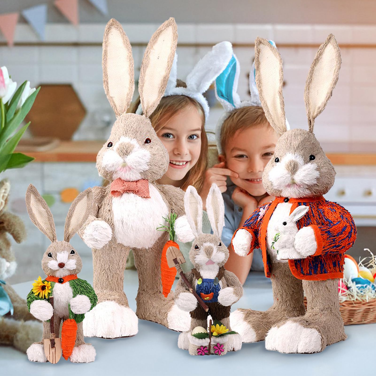 Fyearfly Dekoracja królika ręcznie tkana słomka 60 cm figurka do dekoracji domu ogrodu sklepu