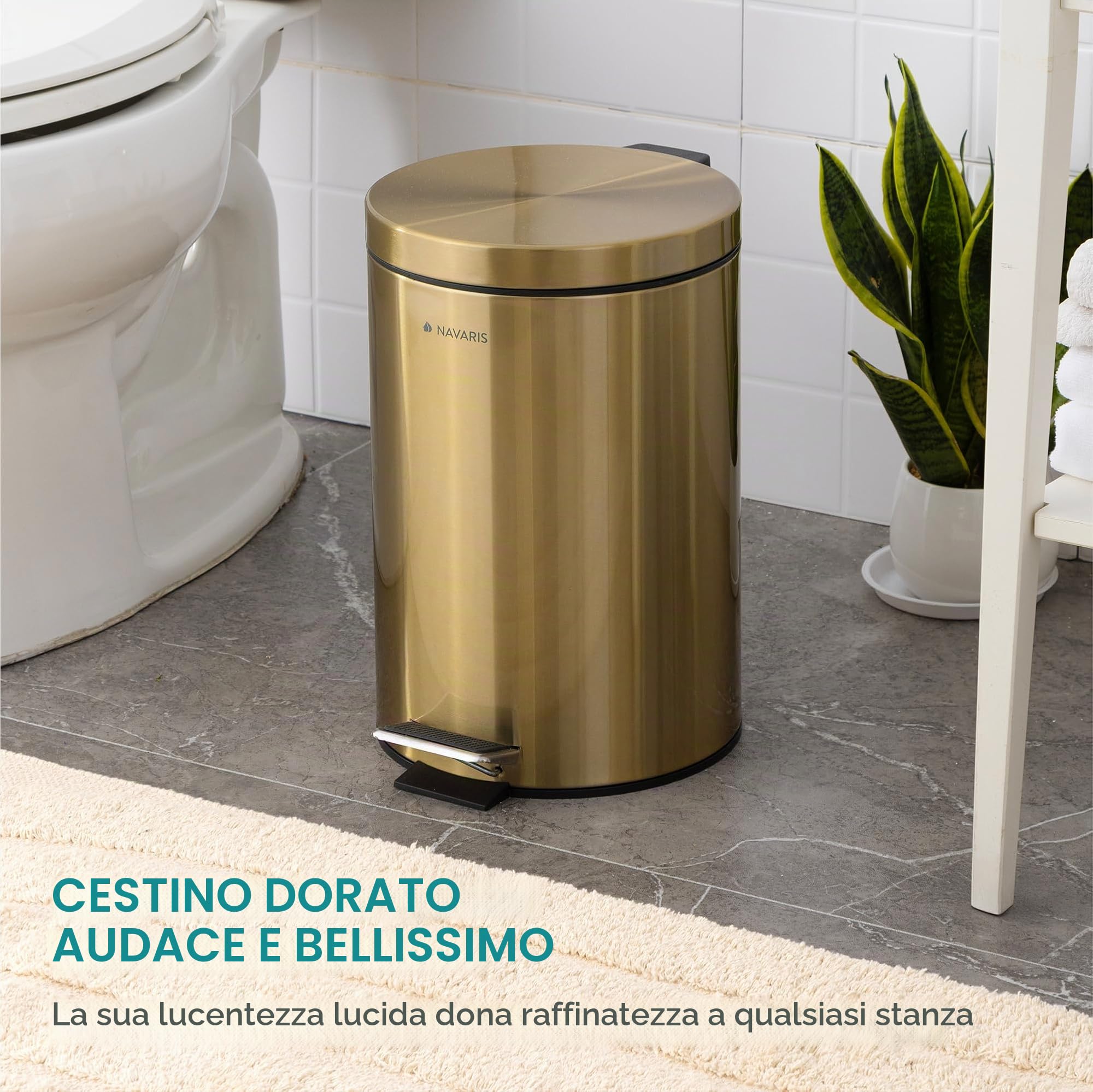 Navaris Cestino Bagno - Bidoncino Spazzatura 12 L - Pattumiera da Bagno Cucina e Ufficio - Cestino Rifiuti con Coperchio e Pedale - Bidone Umido con Secchio Interno Rimovibile - Oro