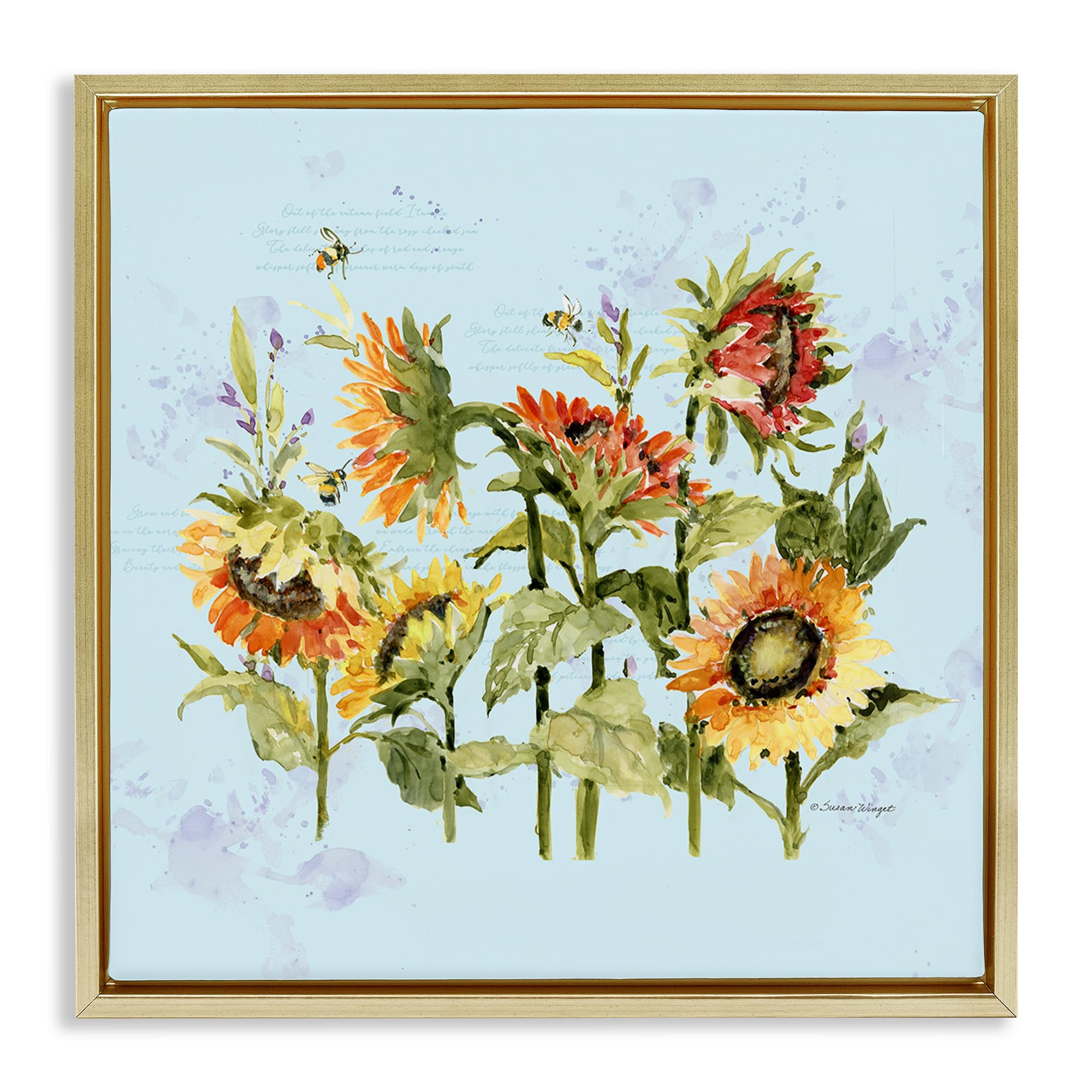 Stupell Industries Metallic Gold (Matte) 'Sunflowers & Bee On Blue'| Floating Frame Canvas Art