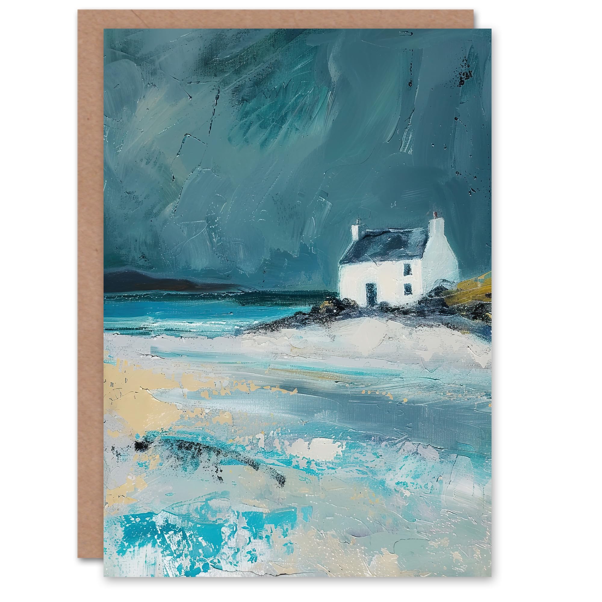 Artery8 White Scottish Cottage Coastal Hills Oil Painting Greeting Birthday Card Him Her All Blank