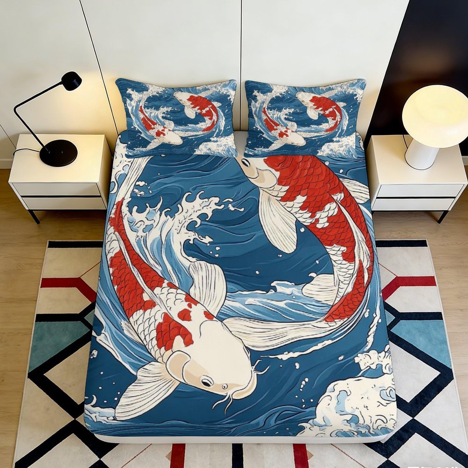 3D Printed Koi Fish Fitted Sheet Microfiber Soft Bed Cover Japanese Wave Mattress Decor for Bedroom Guest Room 90x200x25cm