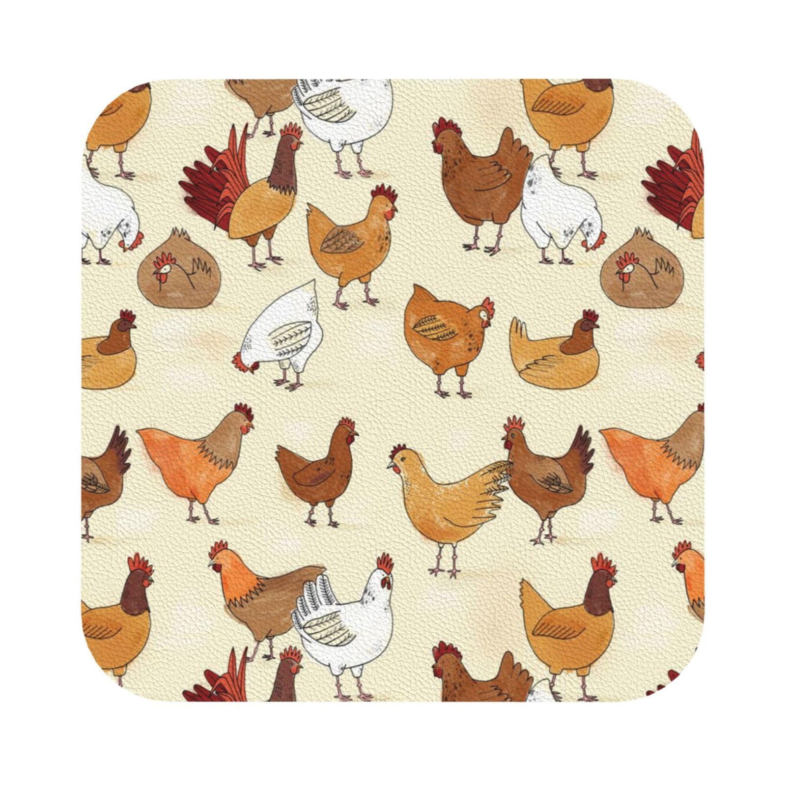 Chicken Pattern PU Leather Coasters Set of 6 Square Drink Coasters