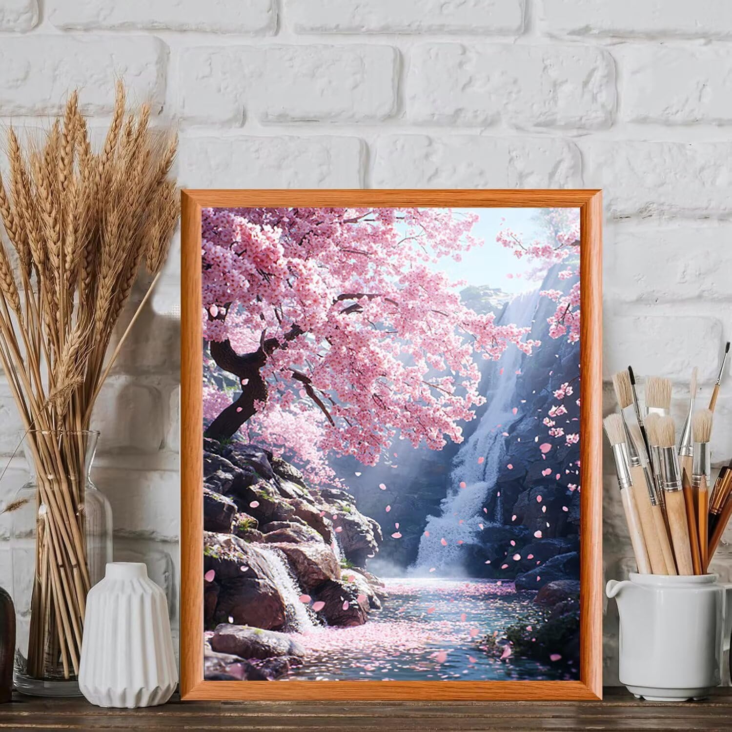 Wasserfall mit Kirschblüten Malen Nach Zahlen Erwachsene, 60x80cm c-772 | Handgemalt Ölgemälde Kit für Mädchen Jungen ab 7 8 9 Jahre, Rahmenlos, für die Wanddekoration zu Hause, DIY Acrylmalerei
