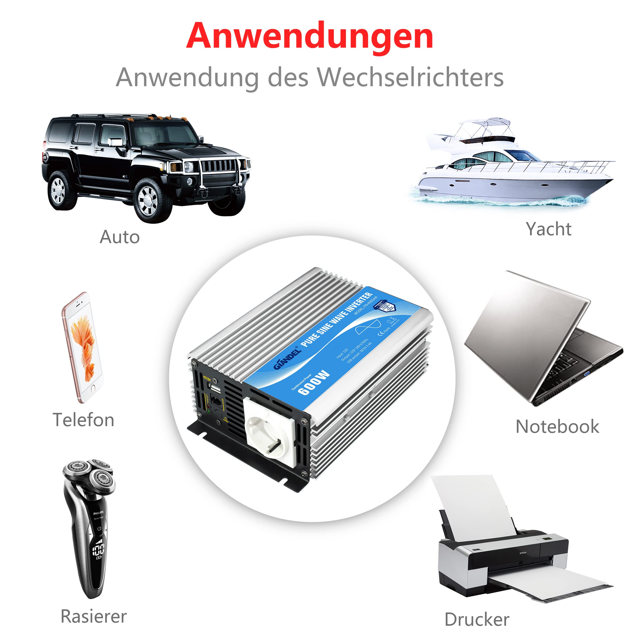 600W Wechselrichter Reiner Sinus Spannungswandler 12V auf 230V Power Inverter mit Fernbedienung und USB-Anschluss für Laptop, Kamera, Smartphone GIANDEL Silver