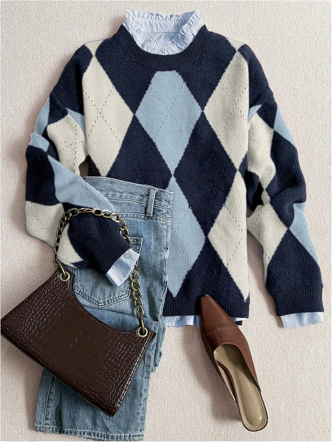 MakeMeChic Women's Argyle Plaid Sweater Crew Neck Long Sleeve Knit Vintage Pullovers - Image 2