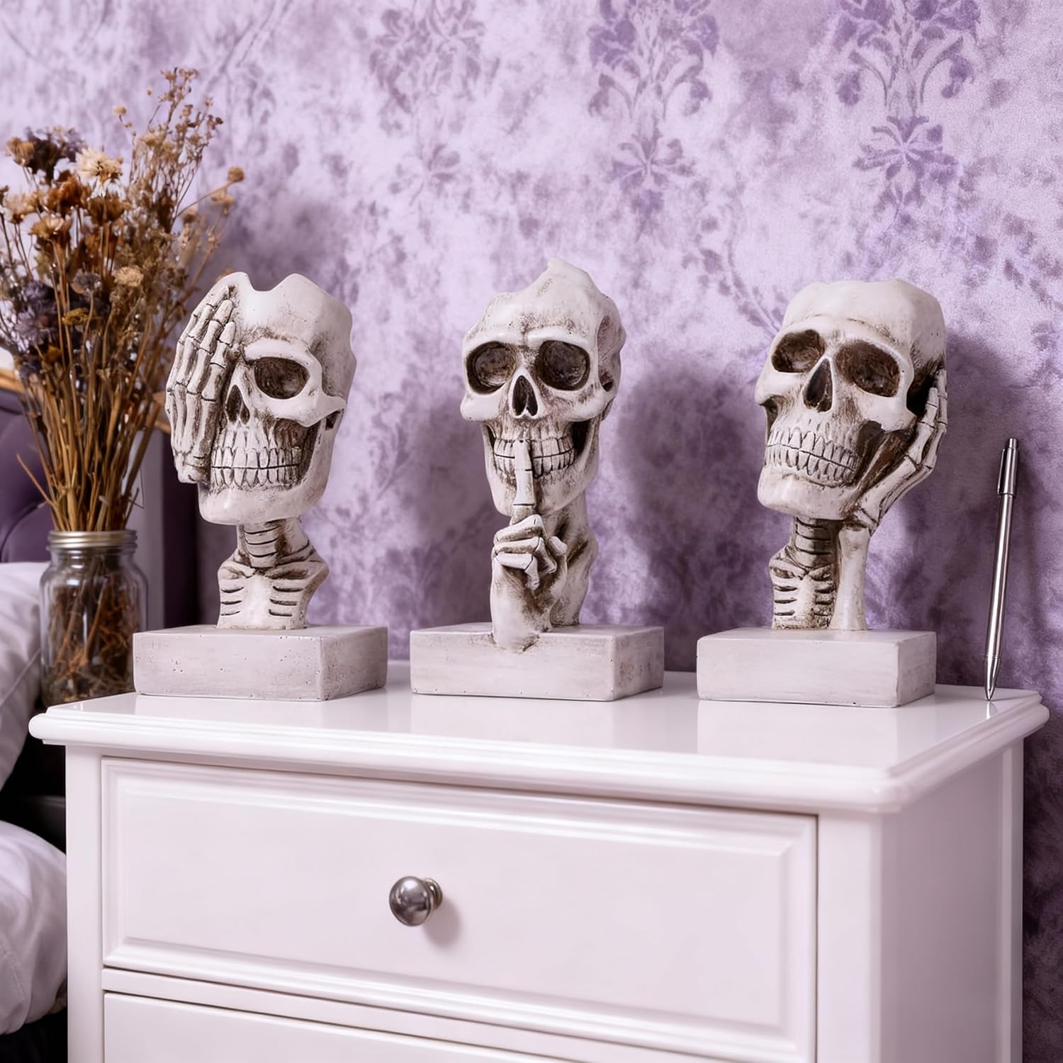 WUBIANJIE See Hear Speak No Evil Skeleton Figurines Set,Gothic Evil Skull Trio Statue,Halloween Horror Skull Statue,Living Room Fireplace Floating Shelf Coffee Table Centerpiece Decor