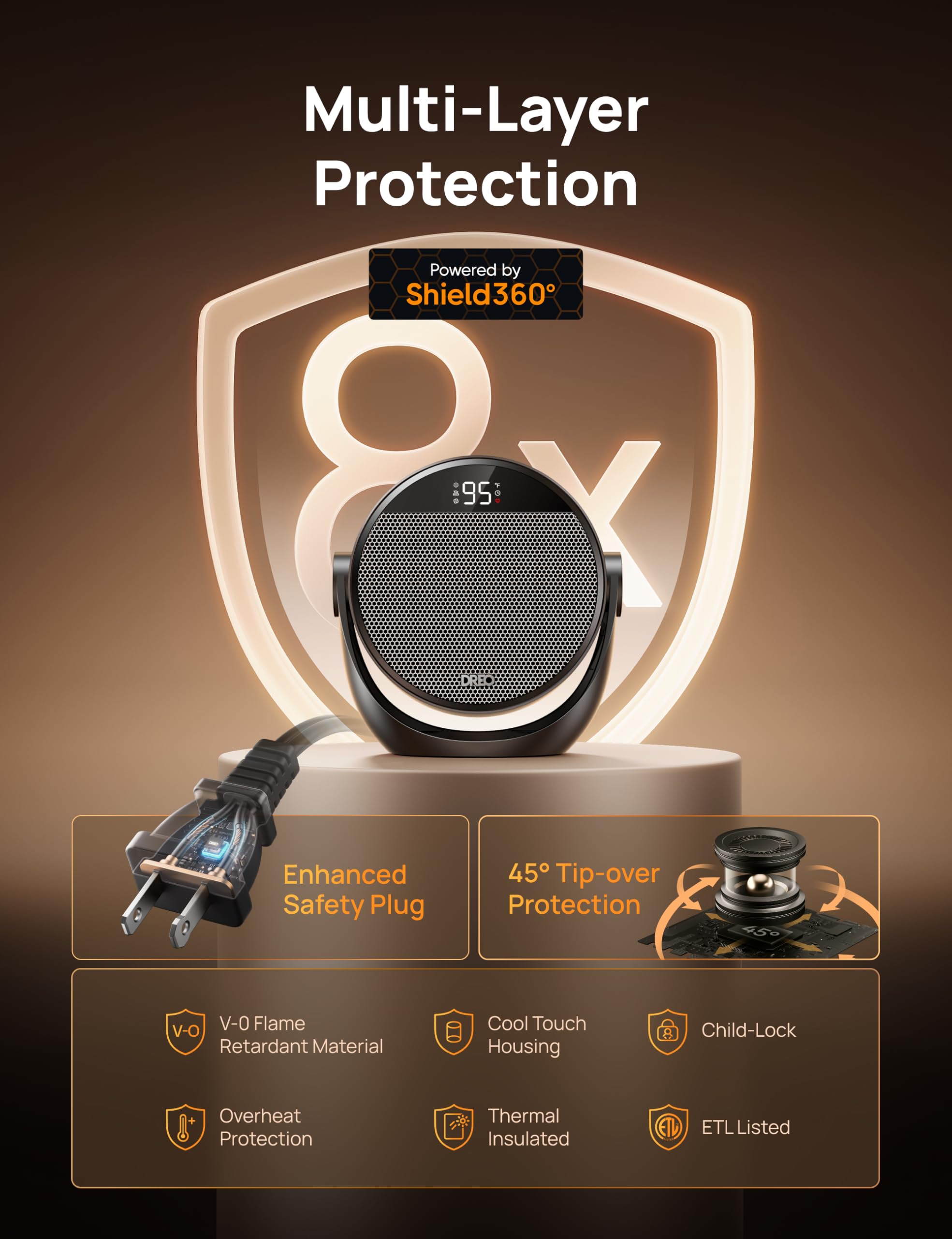 DREO Space Heater 1500W, 60° Adjustable Tilt, 10.5ft/s Portable Electric Heaters for Indoor Use with Thermostat, 8 Safety Protections, 3 Modes, Remote, Quiet Desk Heater for Bedroom, Office, Black - 4