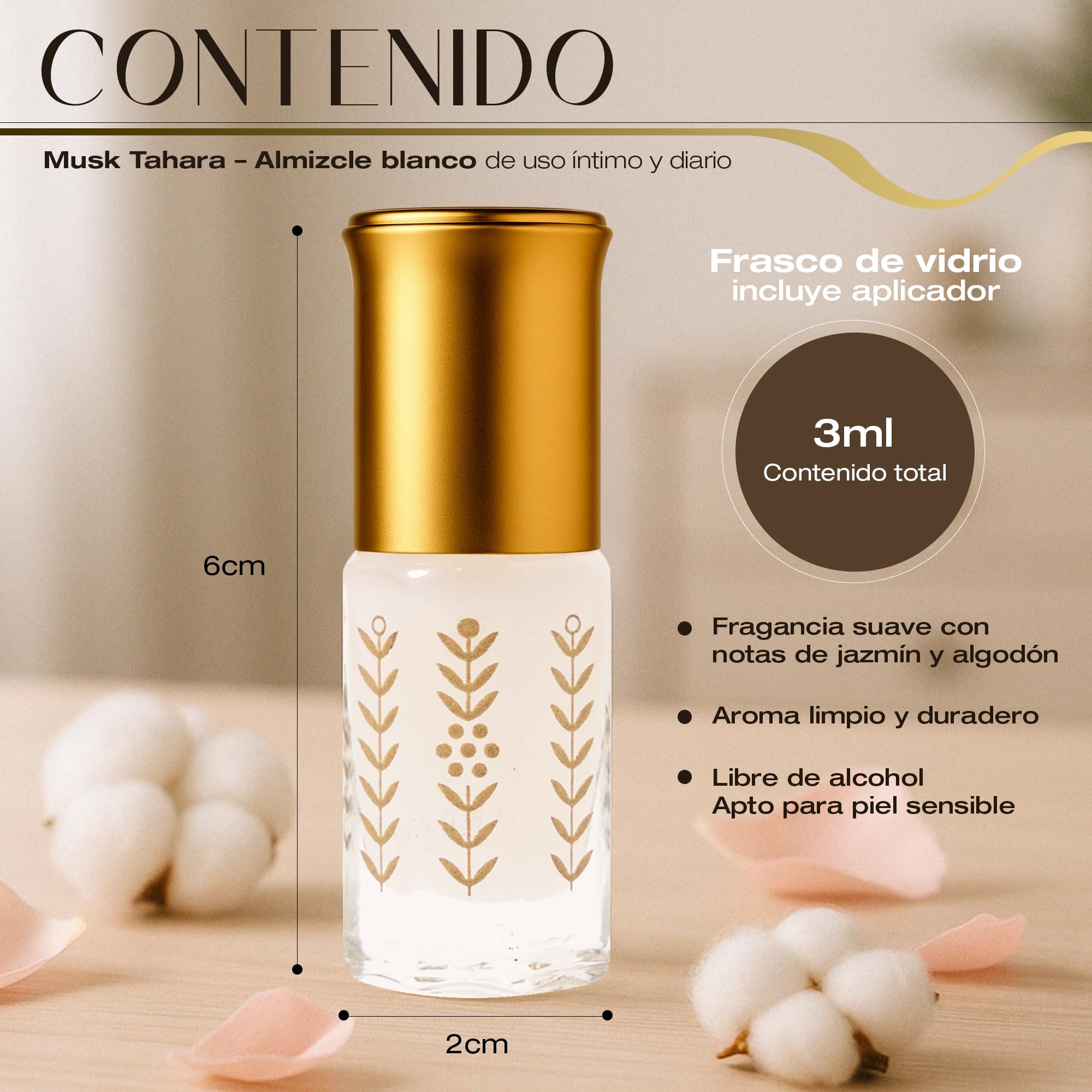 Musk Tahara 3ml | Almizcle Blanco, Aceite Esencial para Purificación después de la Menstruación, Perfume Árabe Mujer, Libre de Alcohol y Apto para Piel Sensible, Textura Cremosa