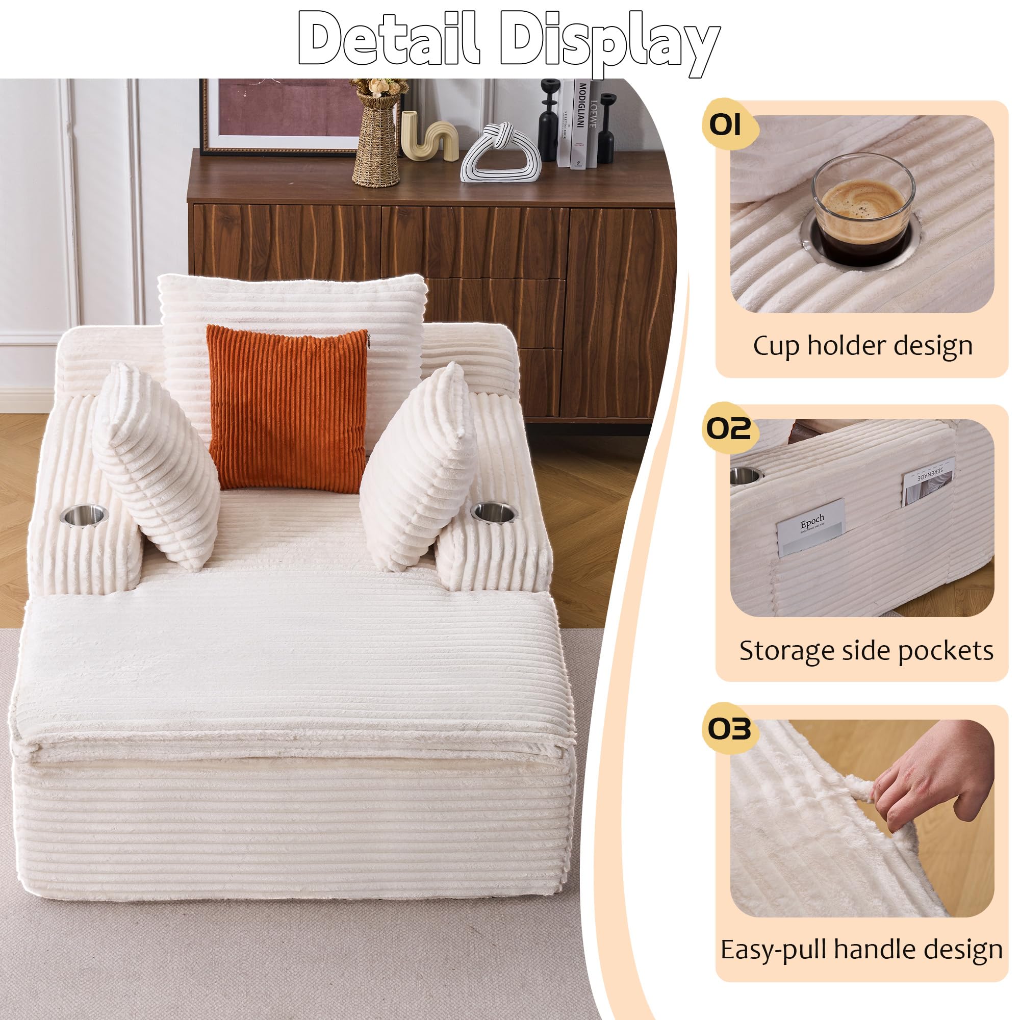 Boneless Couch Schlafsessel mit Chaise-Lounge – Modernes Cloud Sofa aus Cordstoff, 2-in-1 Kissen/Decke, kein Aufbau, für Wohnzimmer (Beige)
