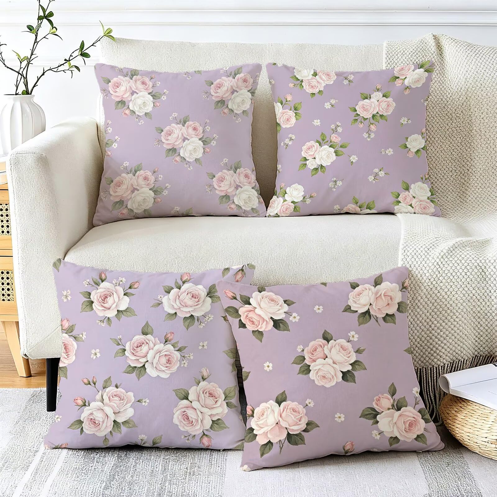 Viola Federe Cuscini Divano 50x50cm, Cuscini da Esterno Set de 4, Cod-30 | Velour Copricuscini Decorativi Letto Arredo, per Letto, Soggiorno, Giardino, Esterno, Casa Decorazione Set di 4 Fiore
