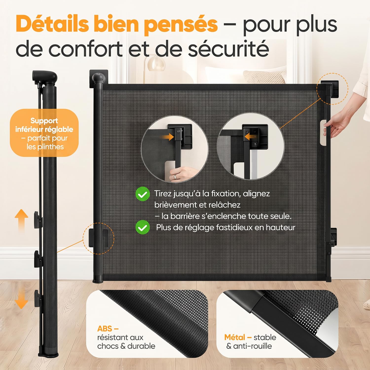Sekey Barrière de sécurité Extensible 0-150 cm – Hauteur 97 cm, sans perçage + vis fournies | Barrière Enfant escamotable pour Porte, escalier, Chien